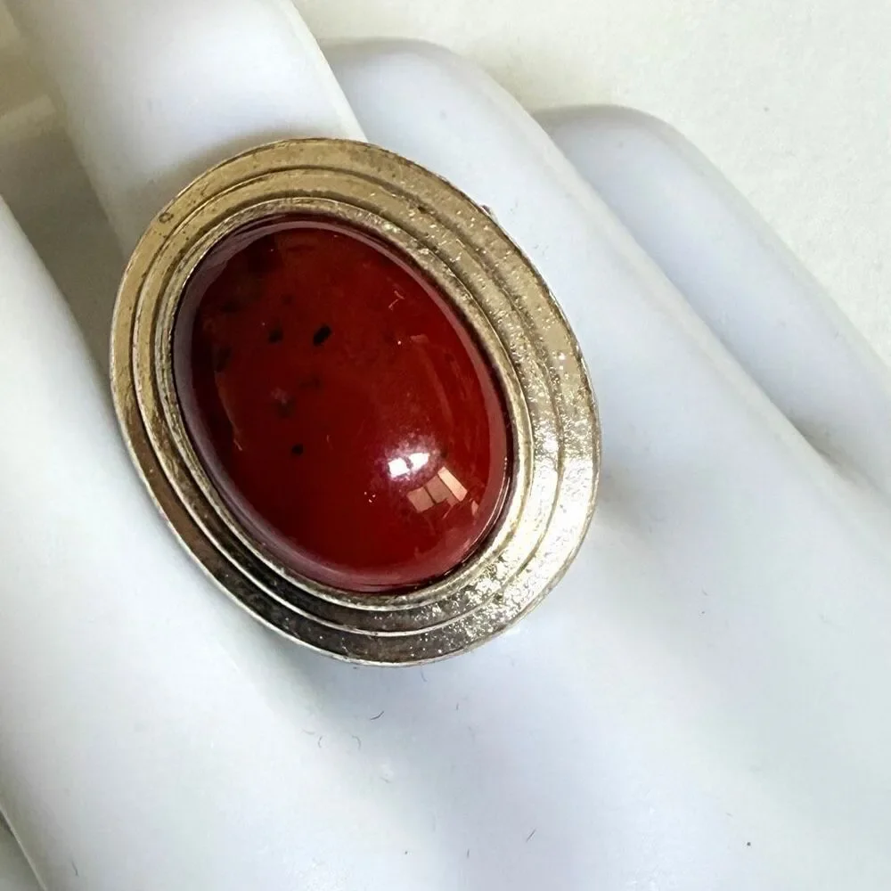 Silver Tone Red Cabochon Stretch Statement Ring